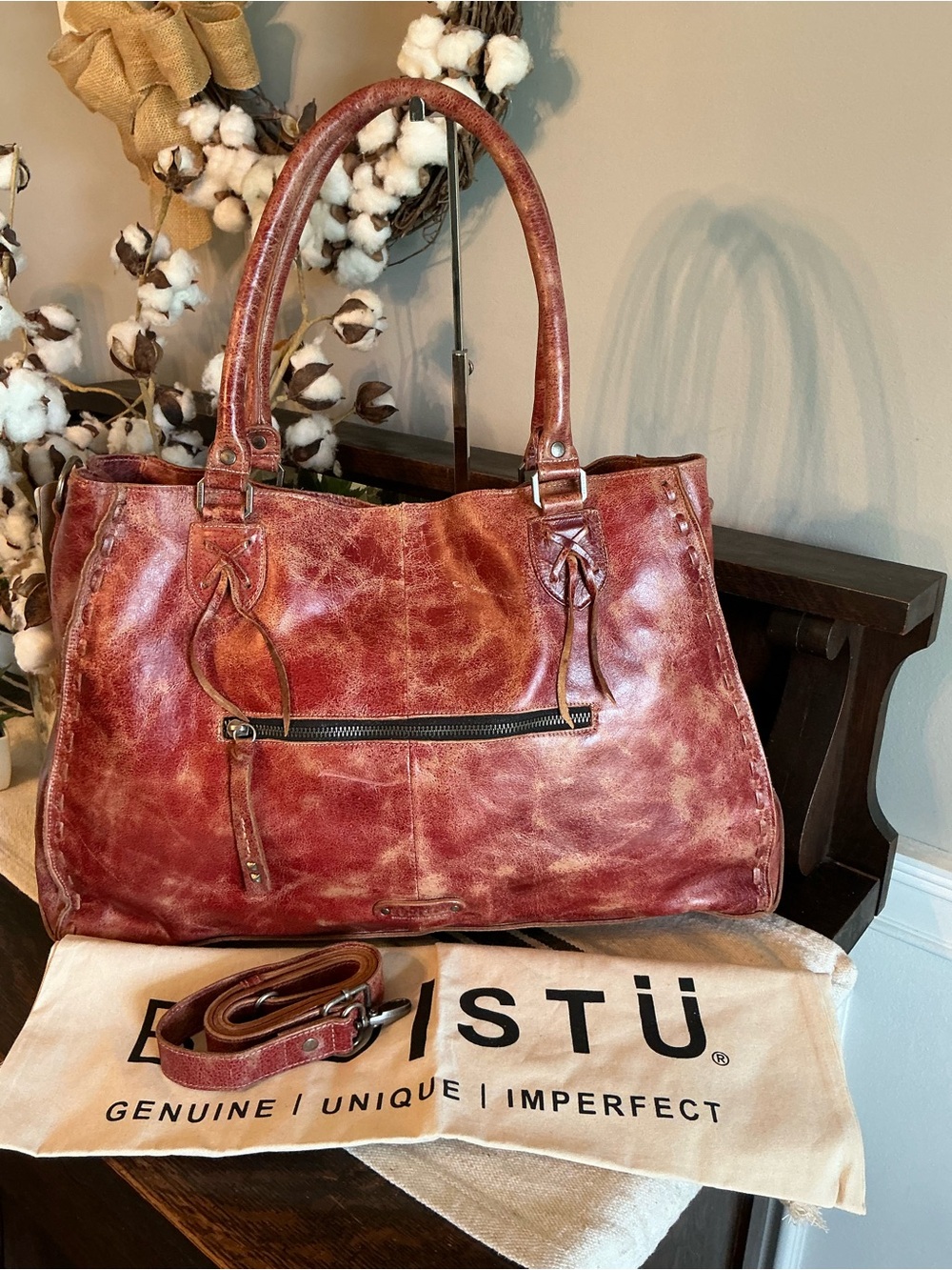 NWT Bed Stu Leather Rockaway Shoulder Crossbody Bag Tote Cherry Red Lacquer $345 - Picture 5 of 16
